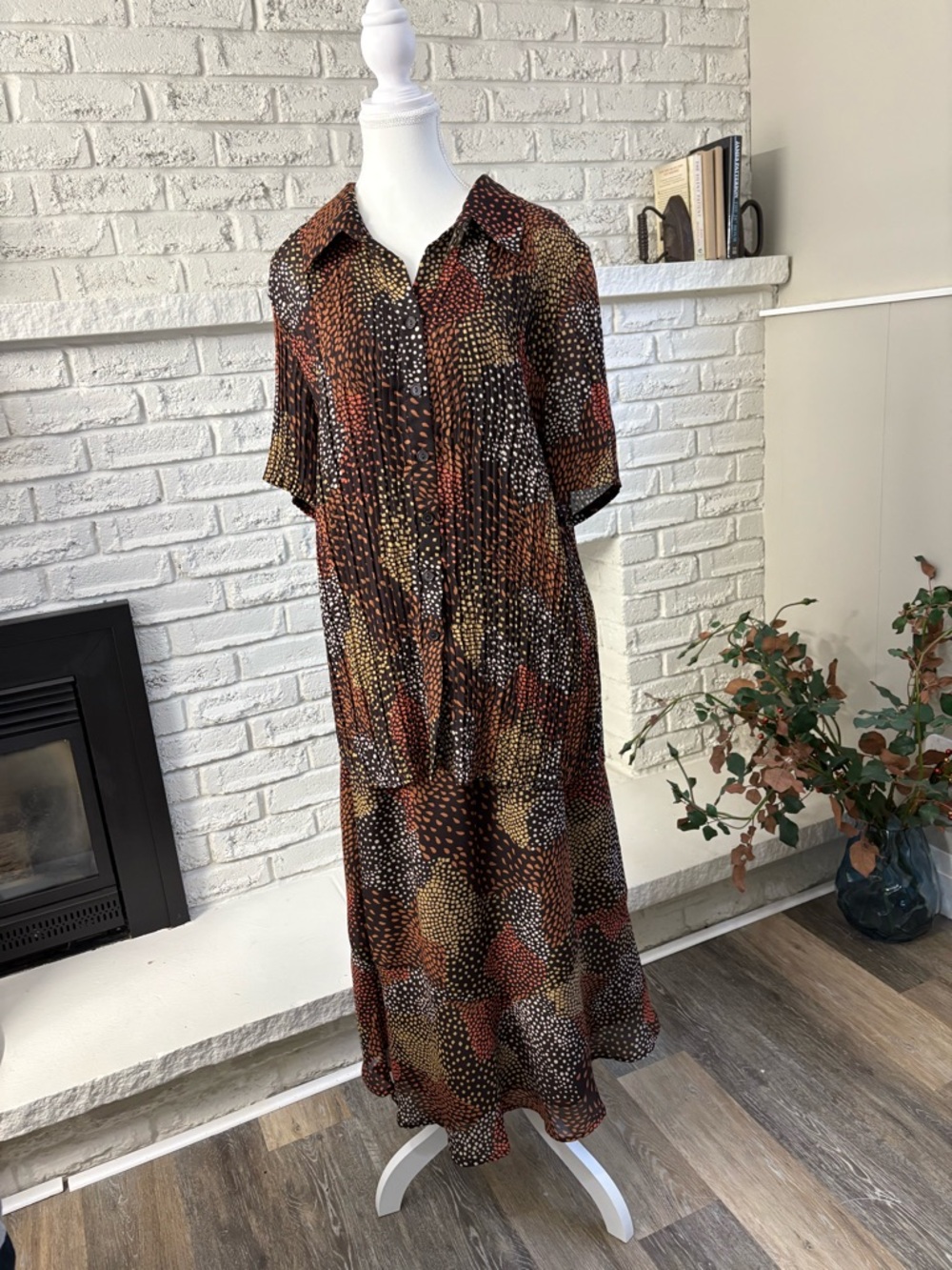 Penningtons Brown, Rust and Cream Spot-Print Button-Front 2 Piece Set.Maxi Style